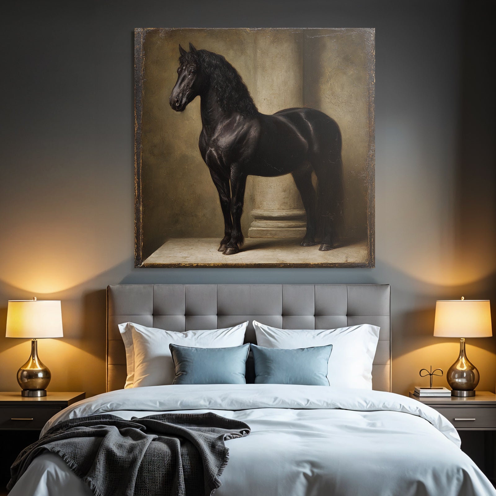 Black Horse Next to Column Artful Representation