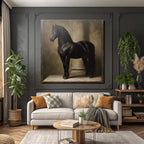 Black Horse Next to Column Artful Representation