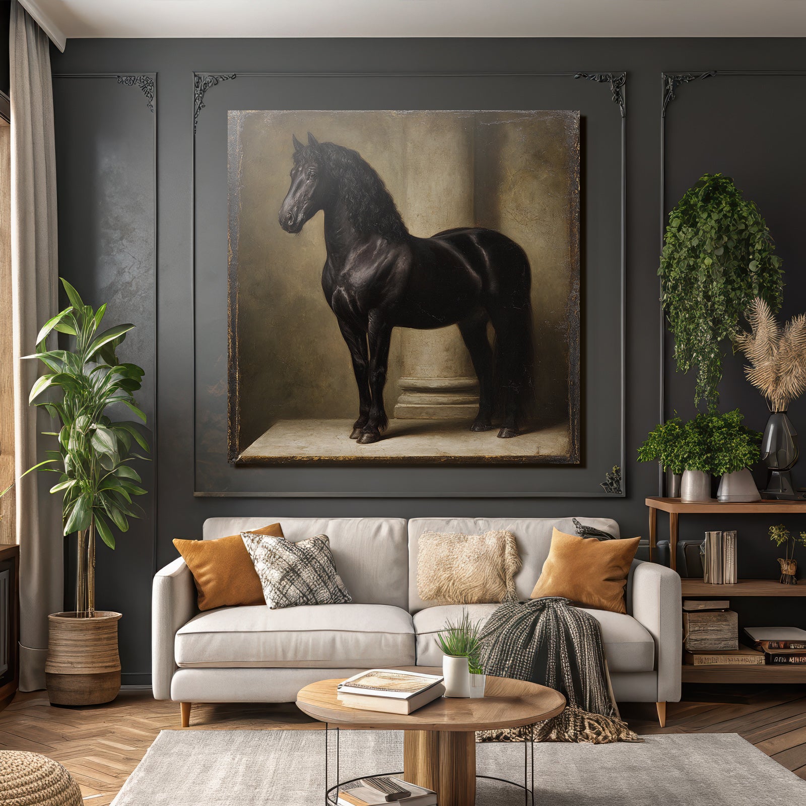 Black Horse Next to Column Artful Representation
