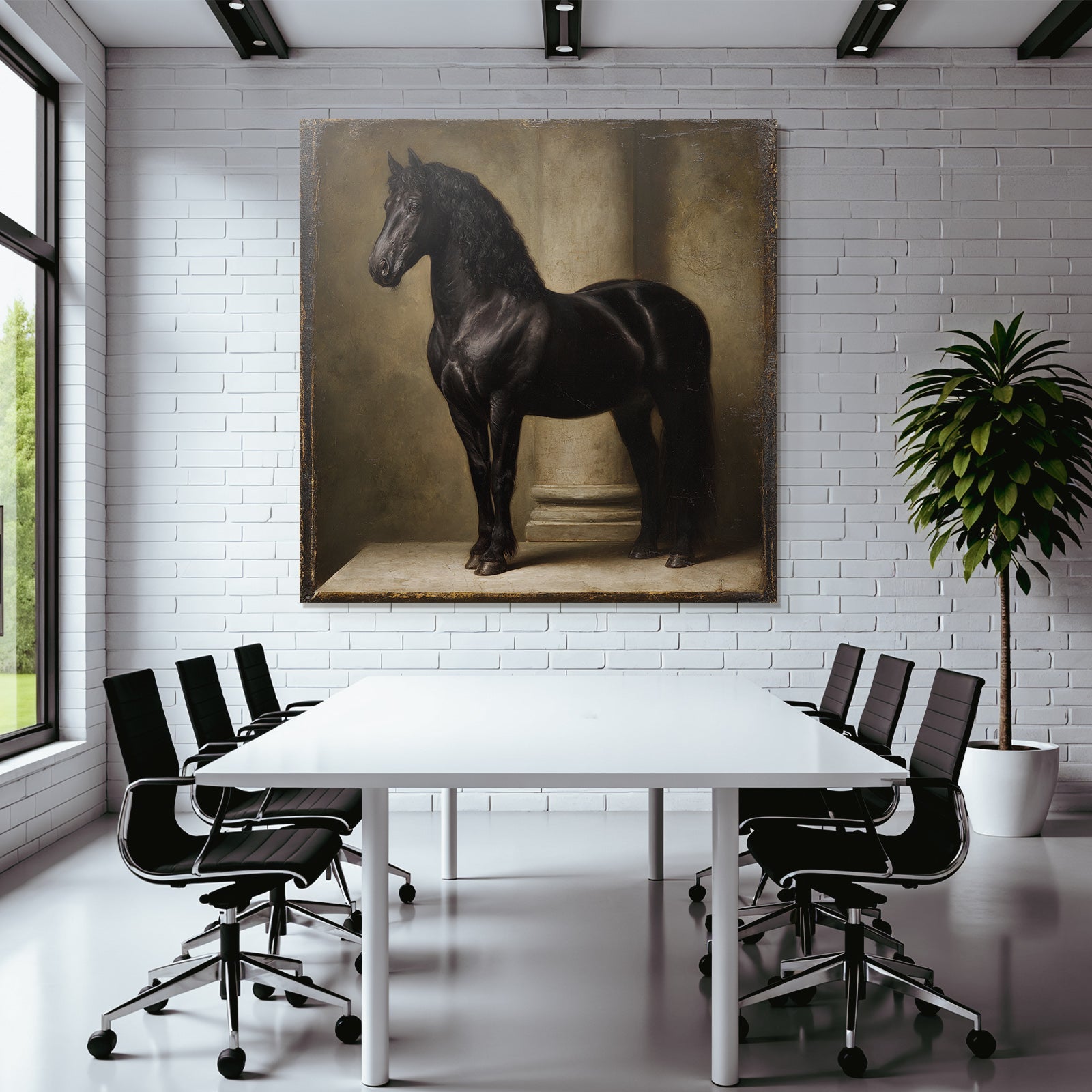 Black Horse Next to Column Artful Representation