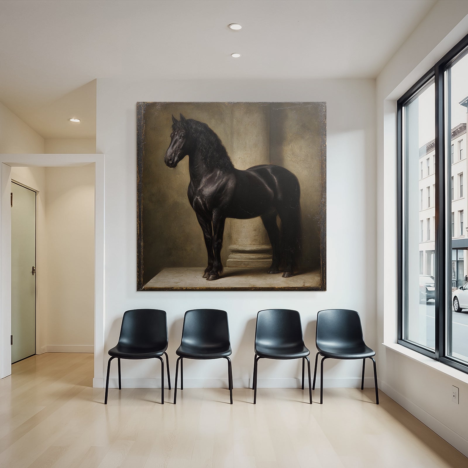 Black Horse Next to Column Artful Representation