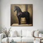 Black Horse Next to Column Artful Representation
