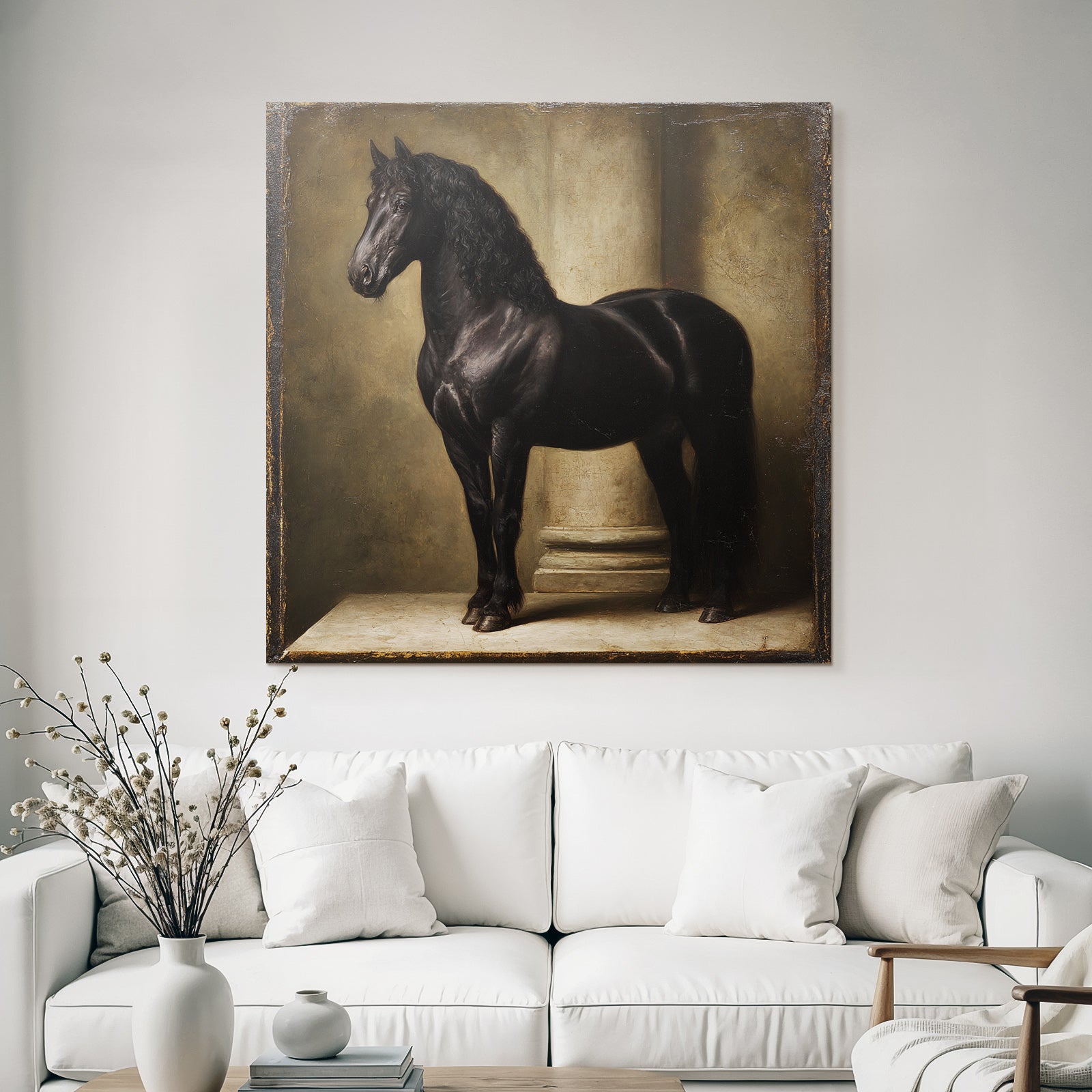 Black Horse Next to Column Artful Representation