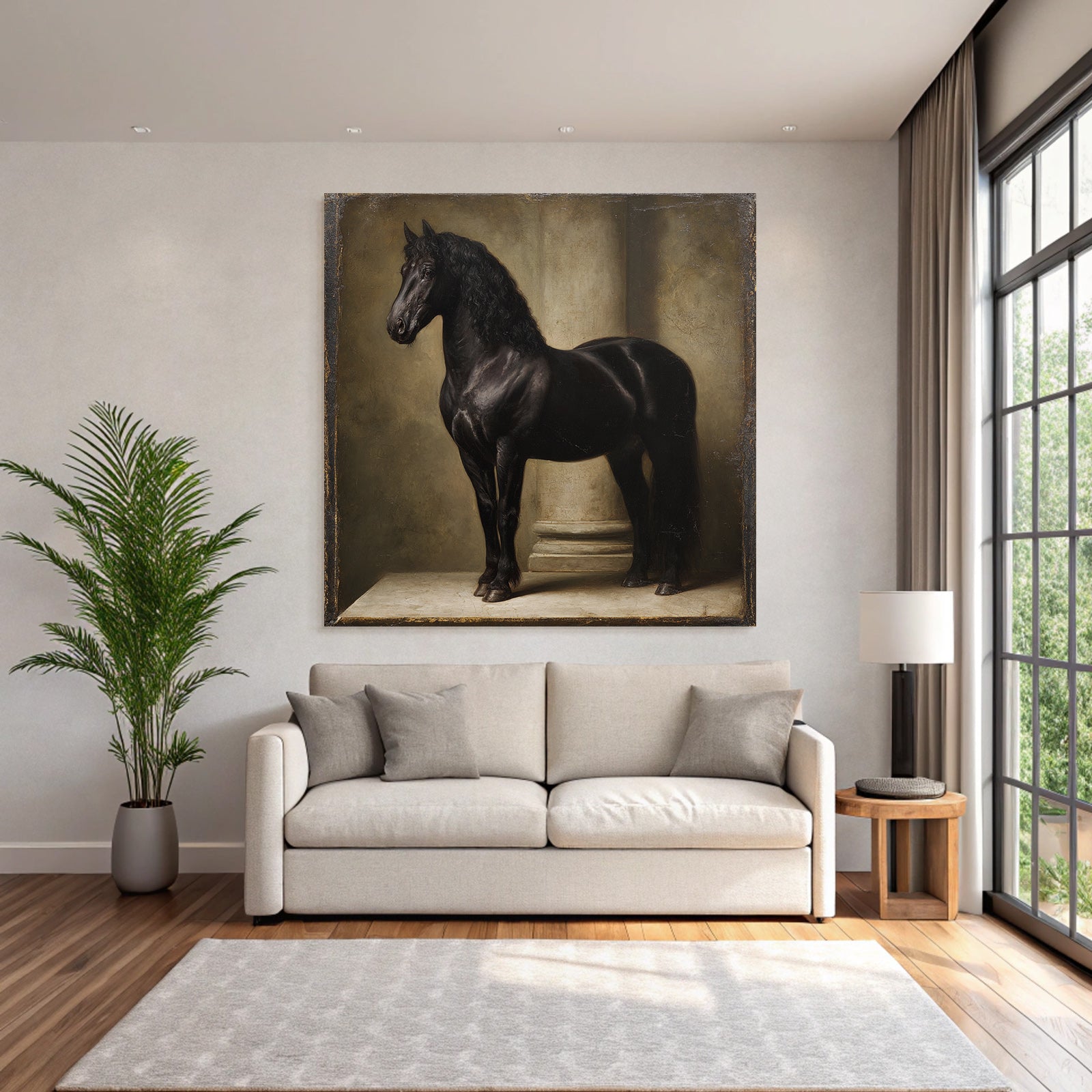 Black Horse Next to Column Artful Representation