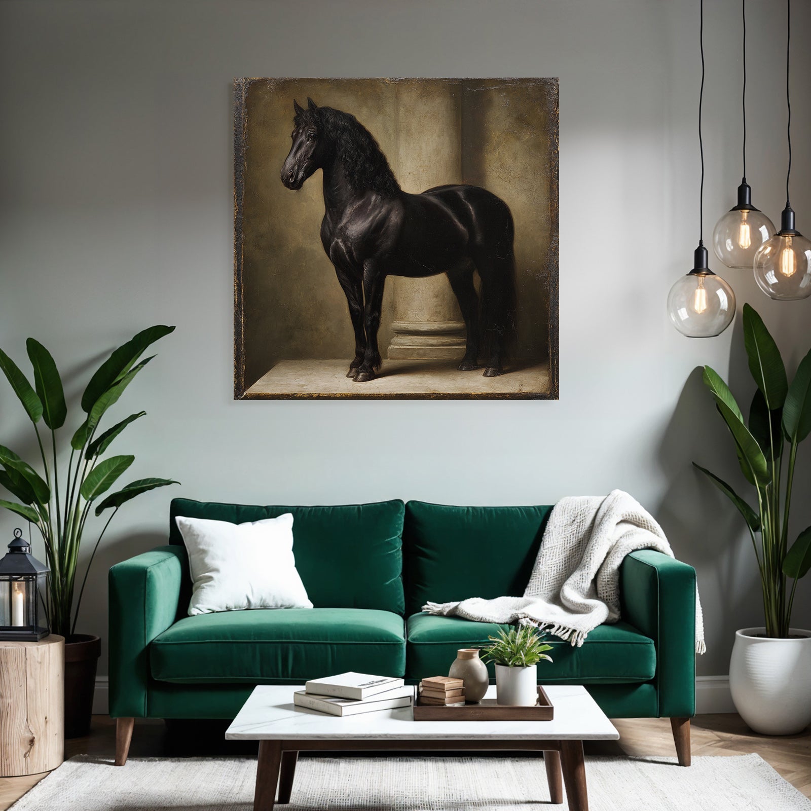 Black Horse Next to Column Artful Representation