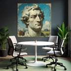 Sculptural Bust of a Man with Curly Hair and Blue Sky with Clouds