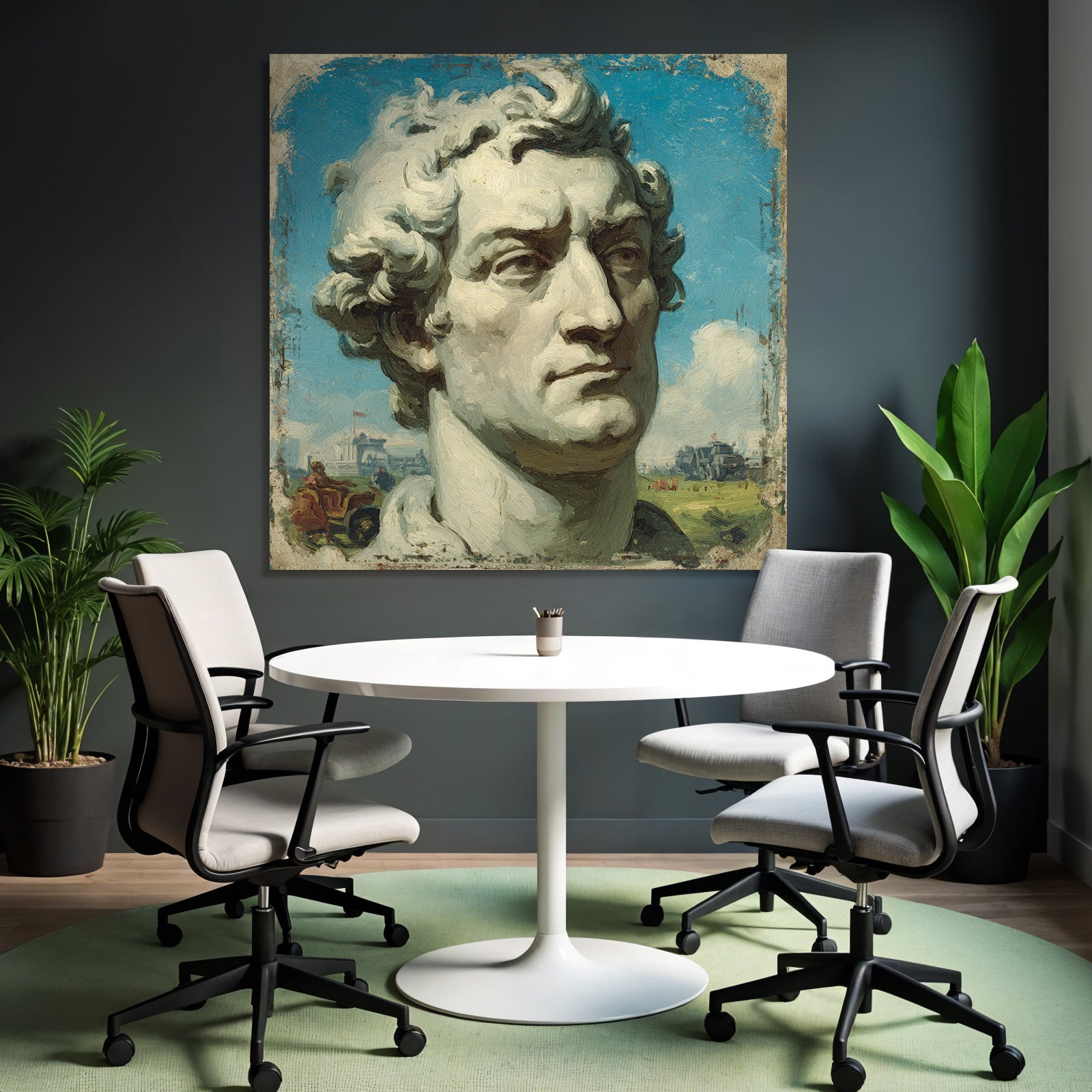 Sculptural Bust of a Man with Curly Hair and Blue Sky with Clouds