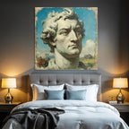 Sculptural Bust of a Man with Curly Hair and Blue Sky with Clouds