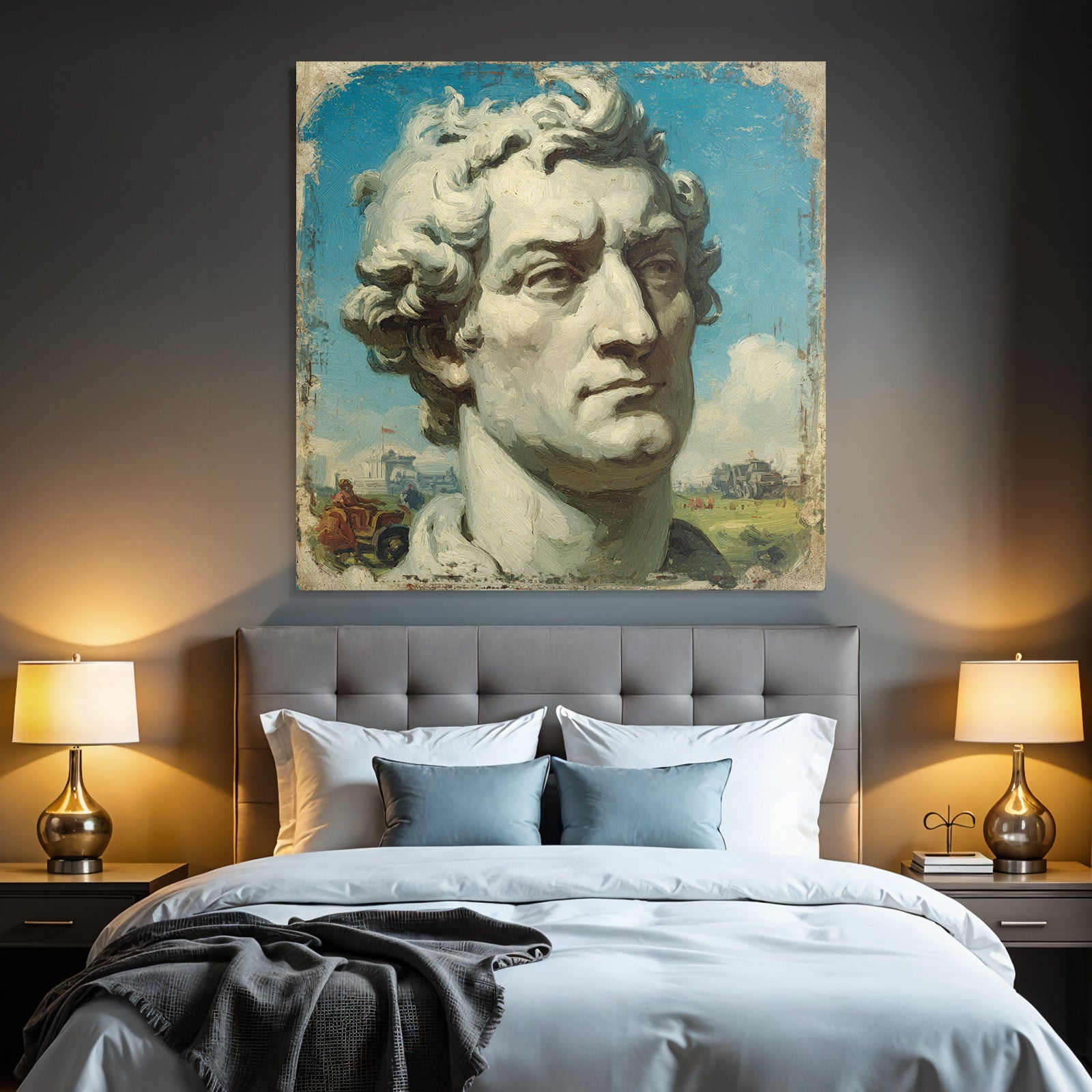 Sculptural Bust of a Man with Curly Hair and Blue Sky with Clouds