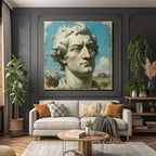 Sculptural Bust of a Man with Curly Hair and Blue Sky with Clouds