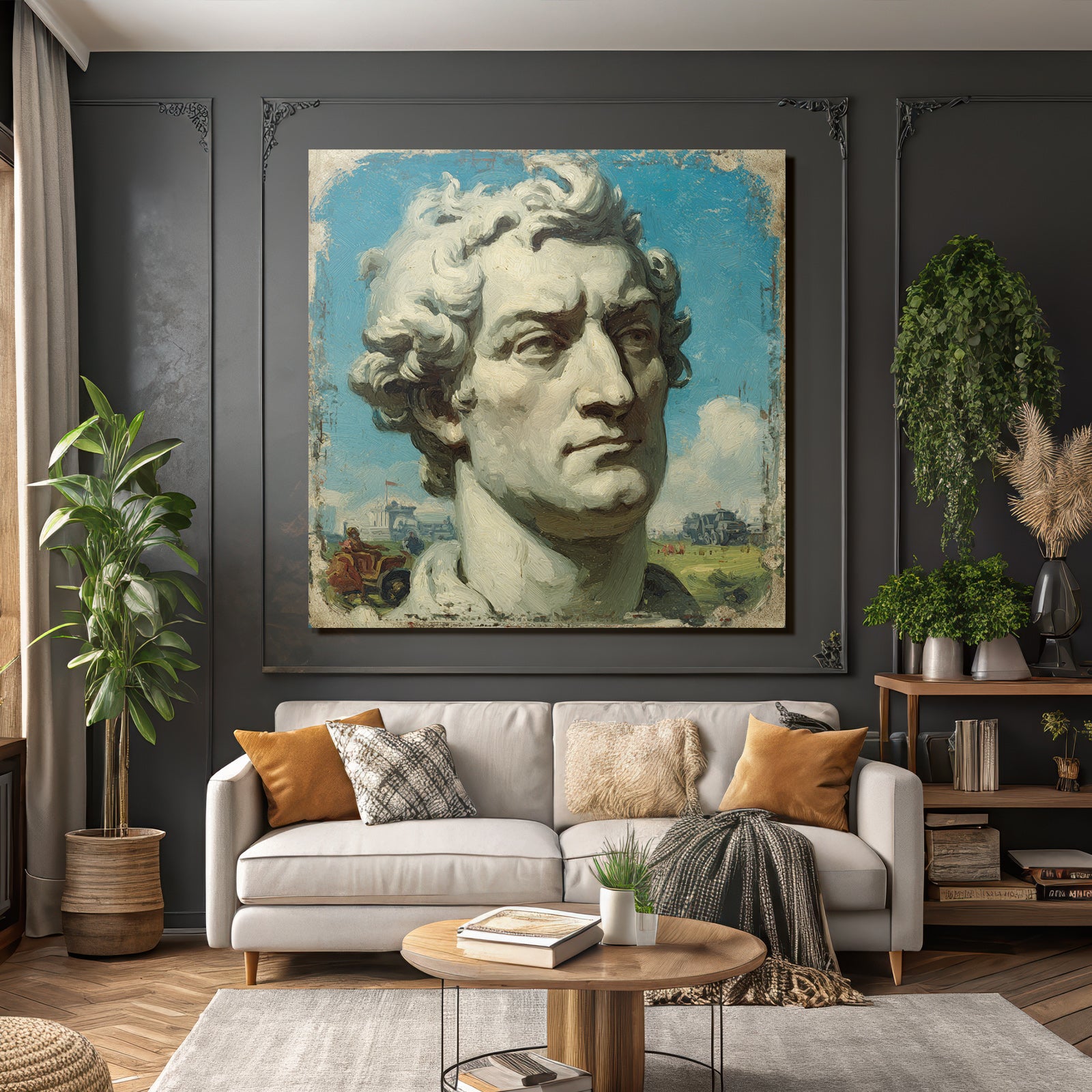 Sculptural Bust of a Man with Curly Hair and Blue Sky with Clouds