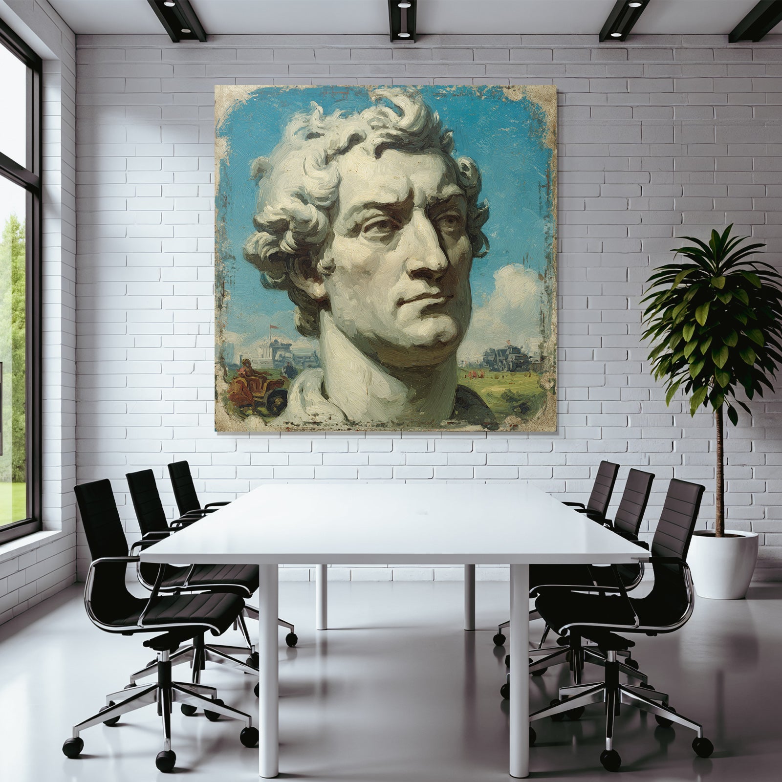 Sculptural Bust of a Man with Curly Hair and Blue Sky with Clouds