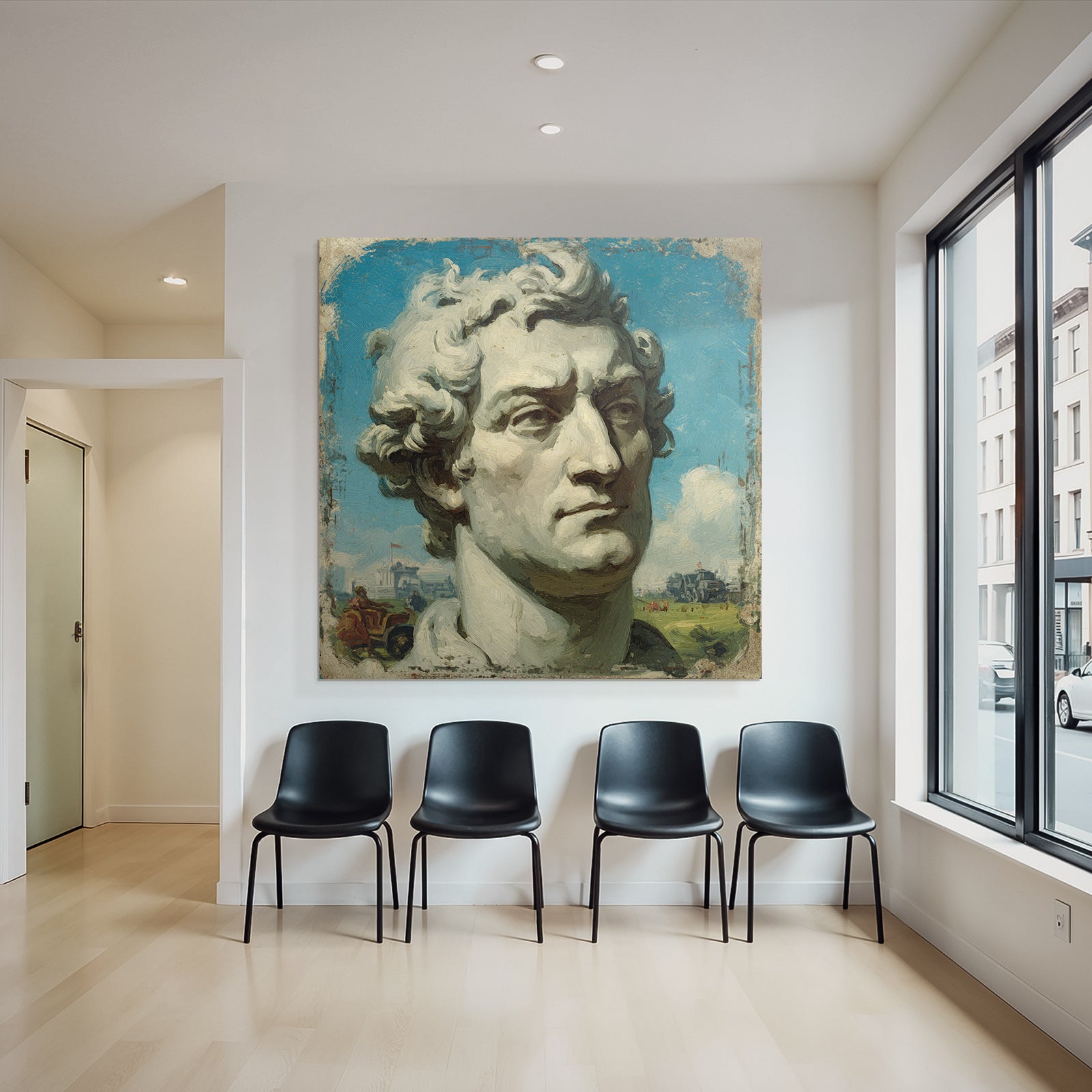Sculptural Bust of a Man with Curly Hair and Blue Sky with Clouds