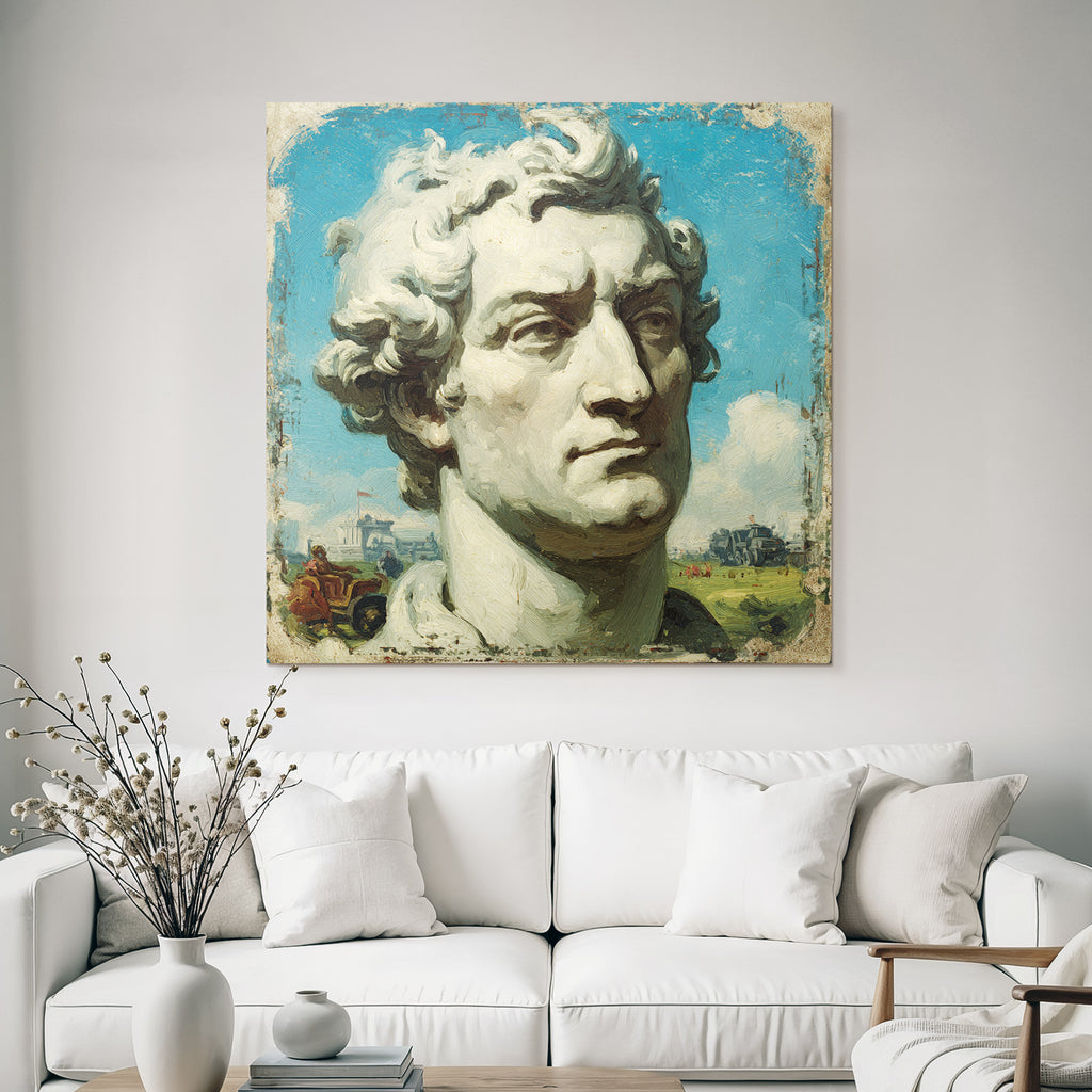 Sculptural Bust of a Man with Curly Hair and Blue Sky with Clouds