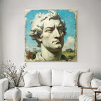 Sculptural Bust of a Man with Curly Hair and Blue Sky with Clouds