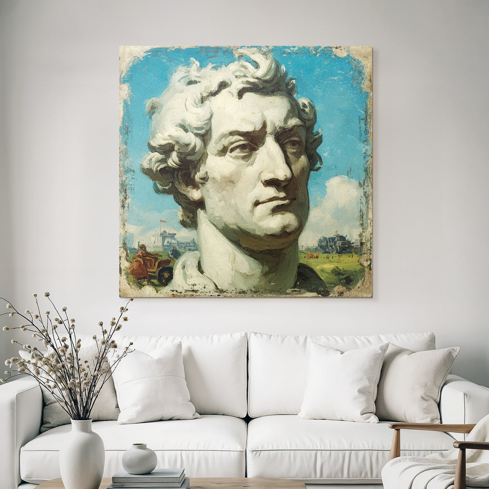 Sculptural Bust of a Man with Curly Hair and Blue Sky with Clouds