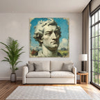 Sculptural Bust of a Man with Curly Hair and Blue Sky with Clouds
