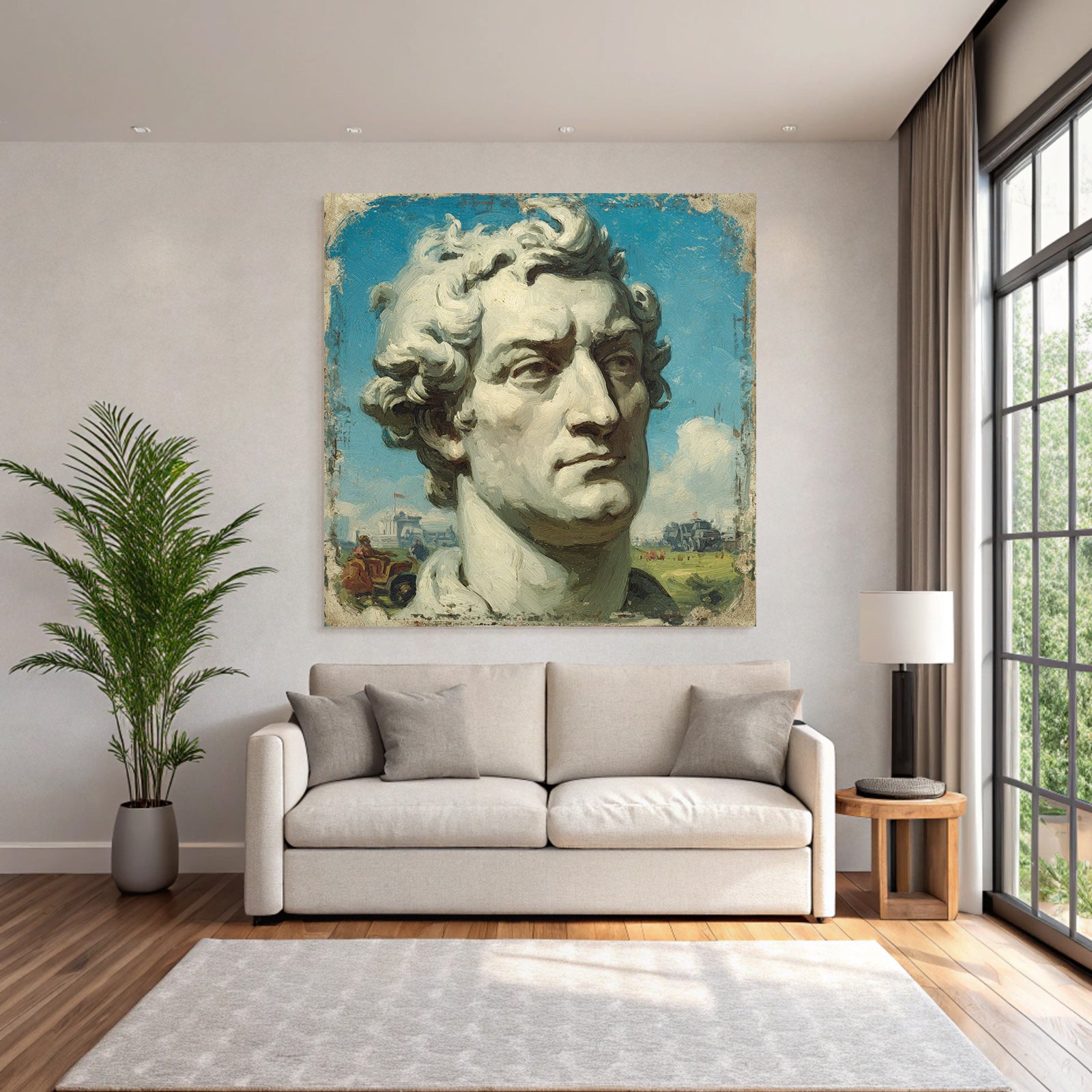 Sculptural Bust of a Man with Curly Hair and Blue Sky with Clouds