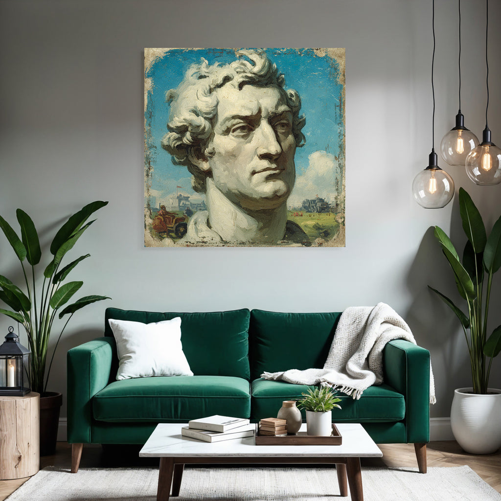 Sculptural Bust of a Man with Curly Hair and Blue Sky with Clouds
