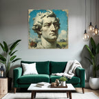 Sculptural Bust of a Man with Curly Hair and Blue Sky with Clouds