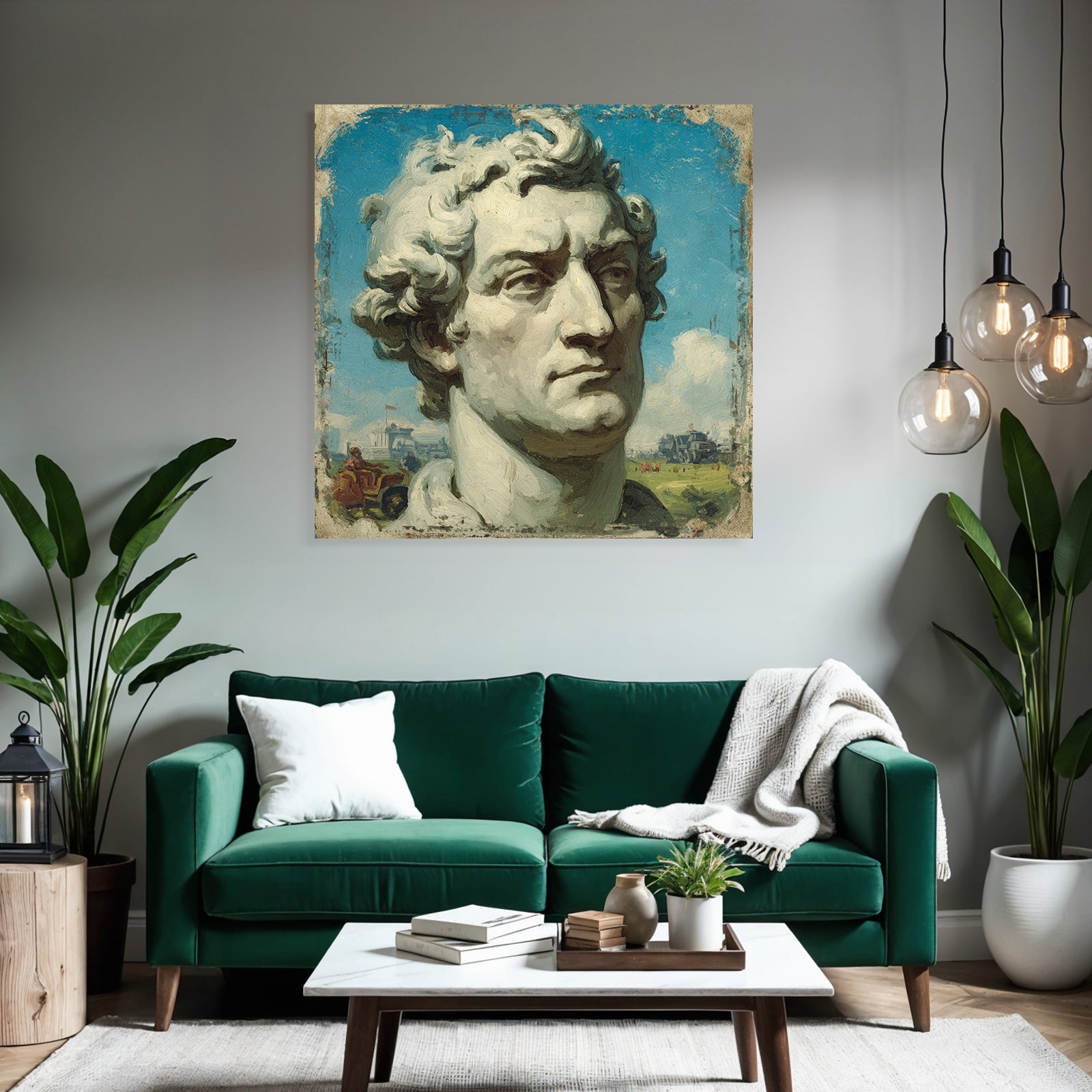 Sculptural Bust of a Man with Curly Hair and Blue Sky with Clouds