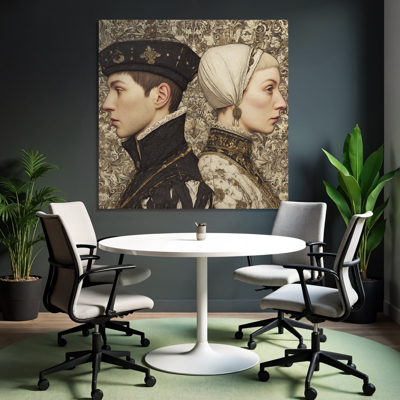 Stylized artwork of individuals in profile with historical clothing