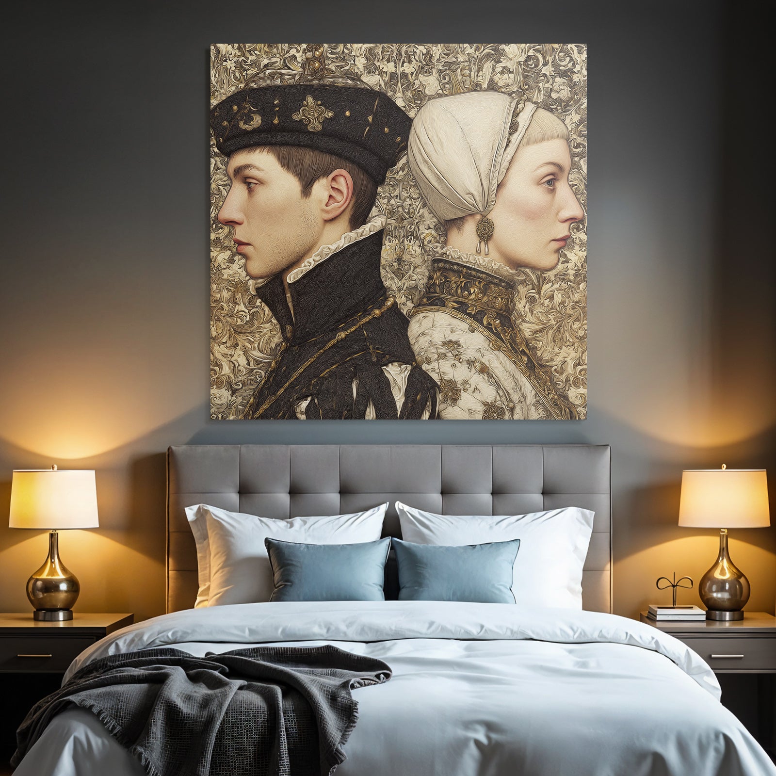 Stylized artwork of individuals in profile with historical clothing