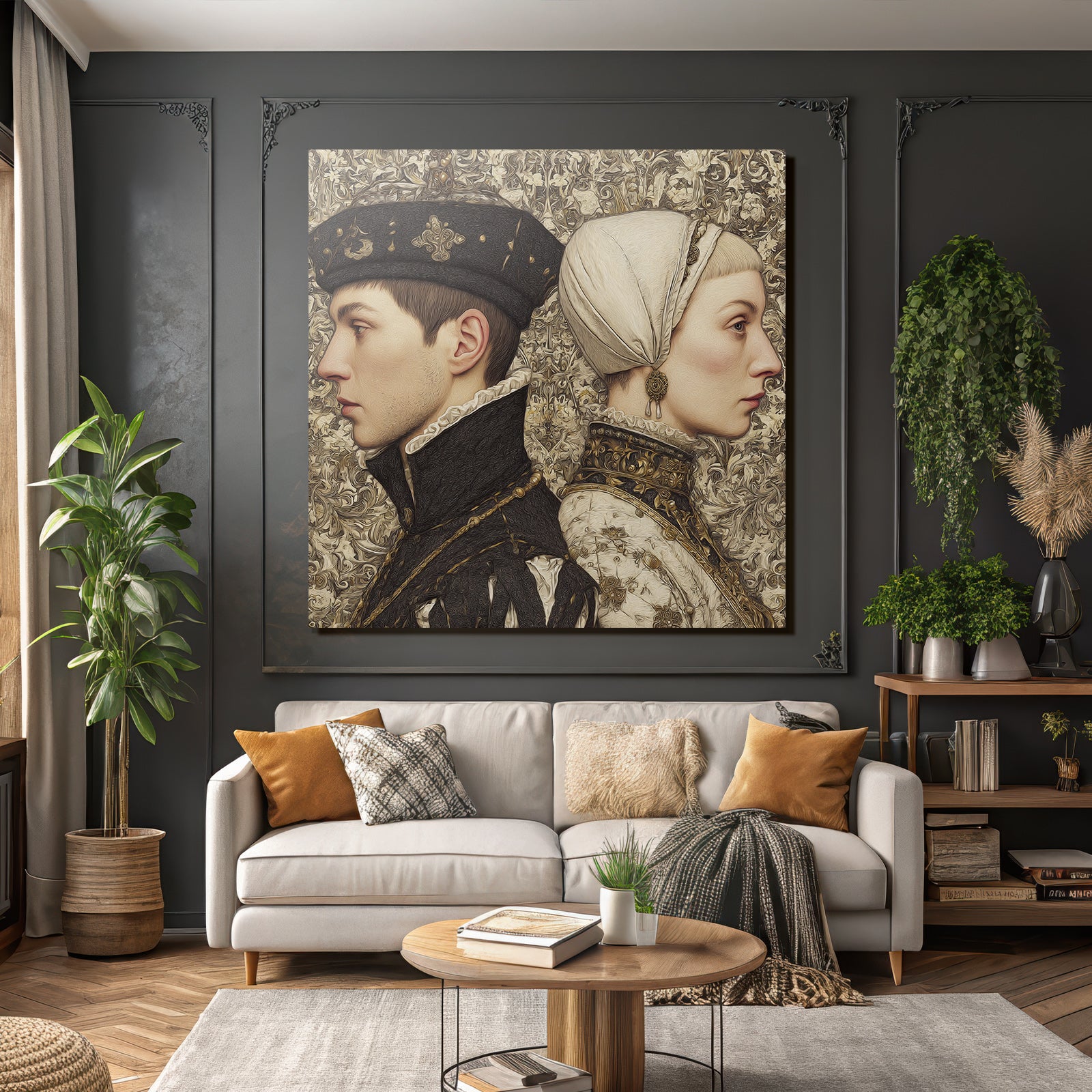 Stylized artwork of individuals in profile with historical clothing