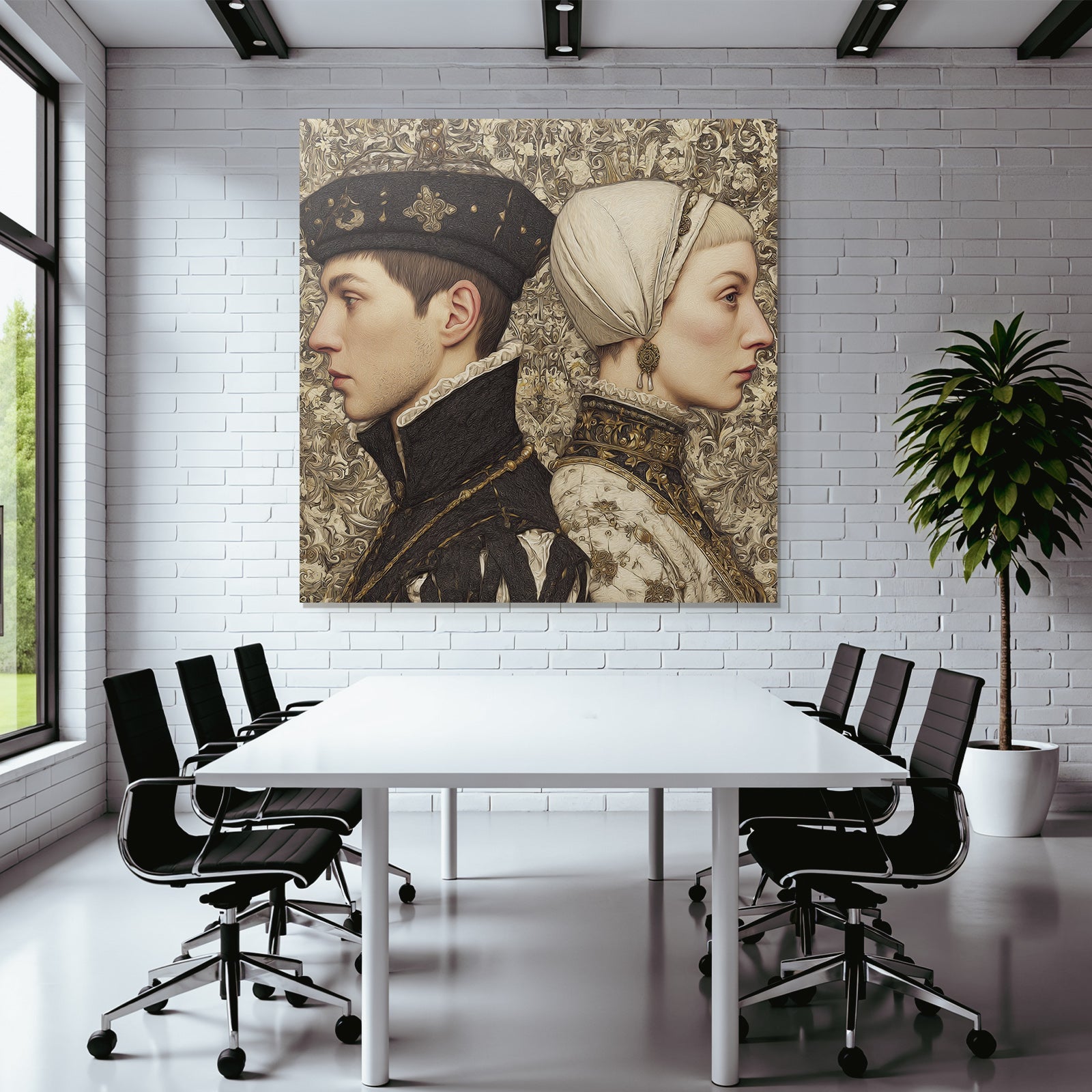 Stylized artwork of individuals in profile with historical clothing