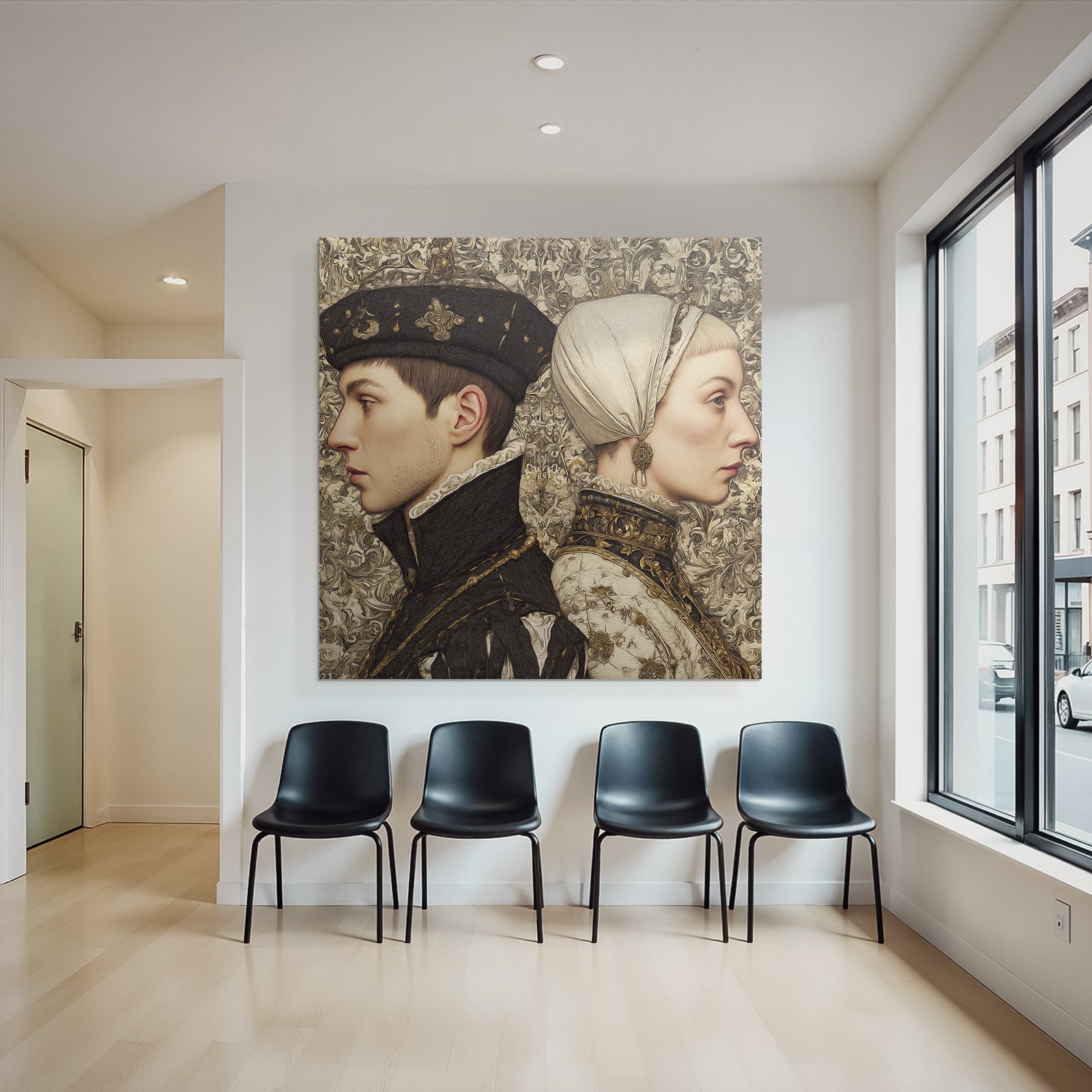 Stylized artwork of individuals in profile with historical clothing