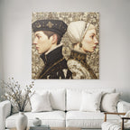 Stylized artwork of individuals in profile with historical clothing
