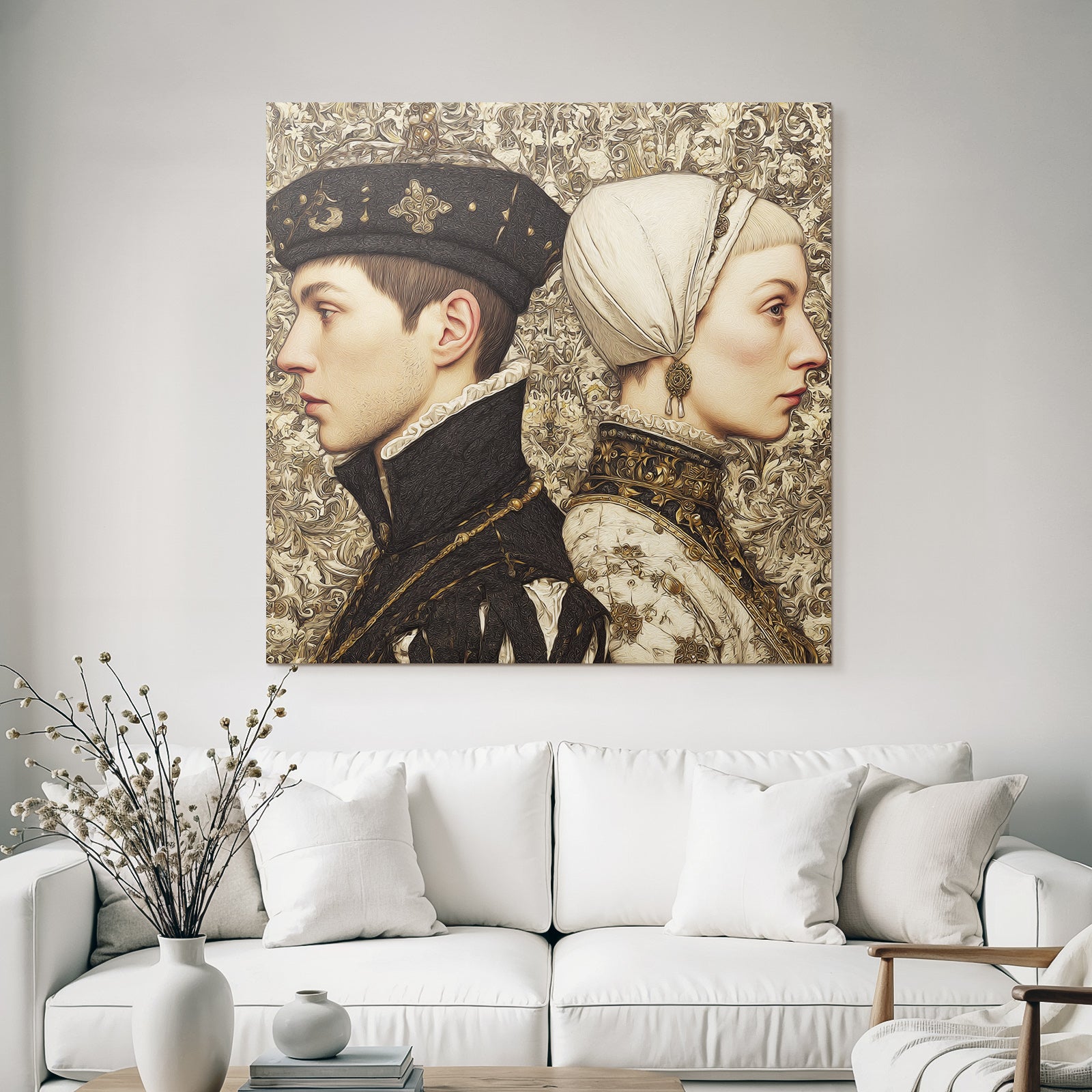 Stylized artwork of individuals in profile with historical clothing