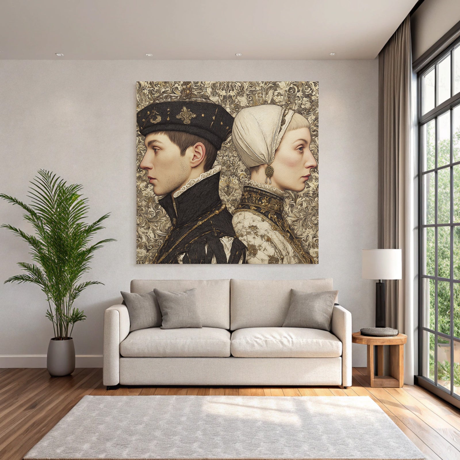 Stylized artwork of individuals in profile with historical clothing