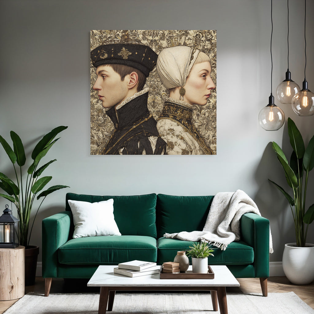 Stylized artwork of individuals in profile with historical clothing