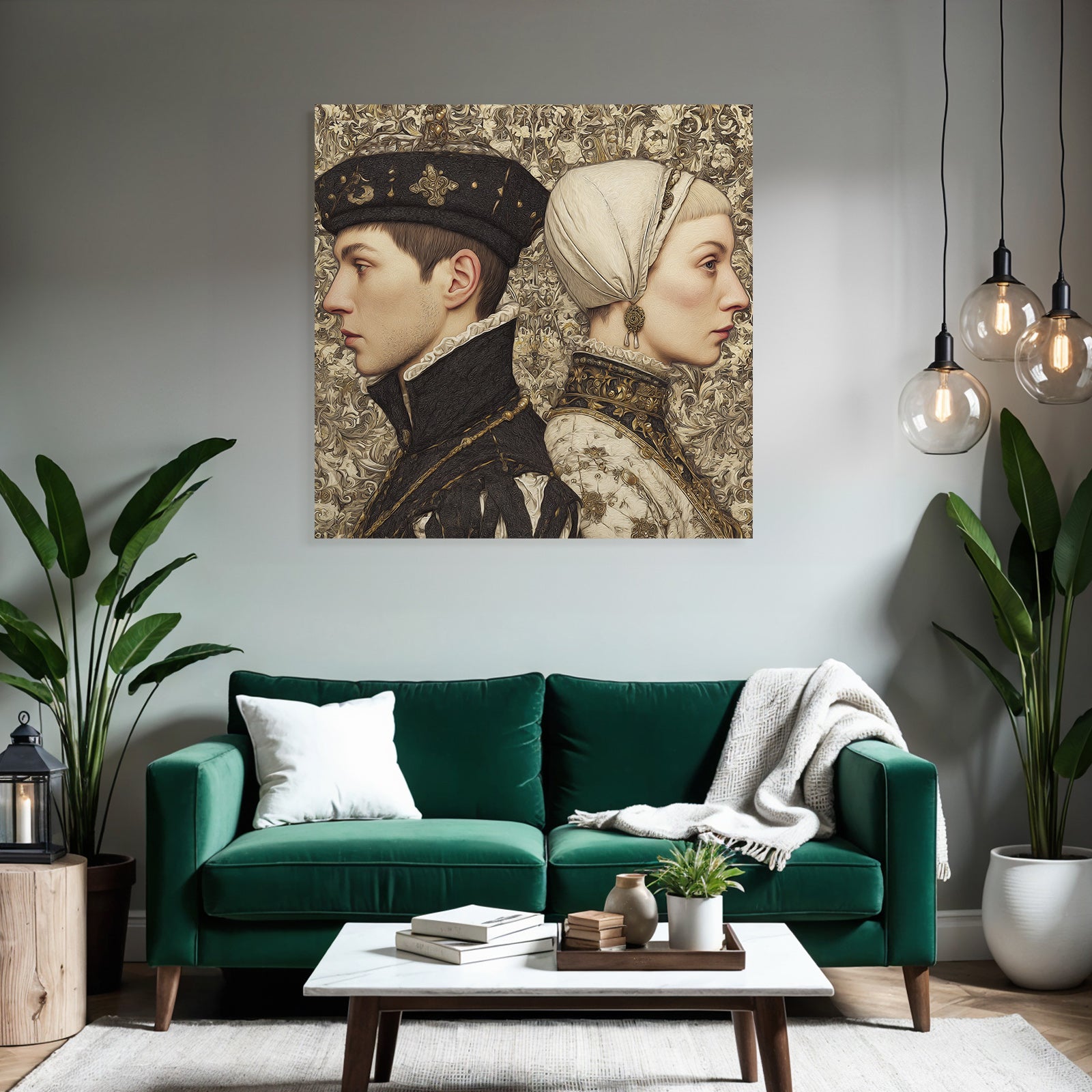 Stylized artwork of individuals in profile with historical clothing