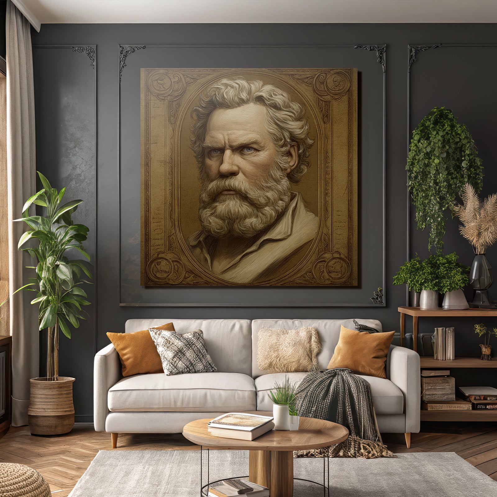 Stylisierte Portreit Eines Mannes Mit Bart Und Welligem Haar