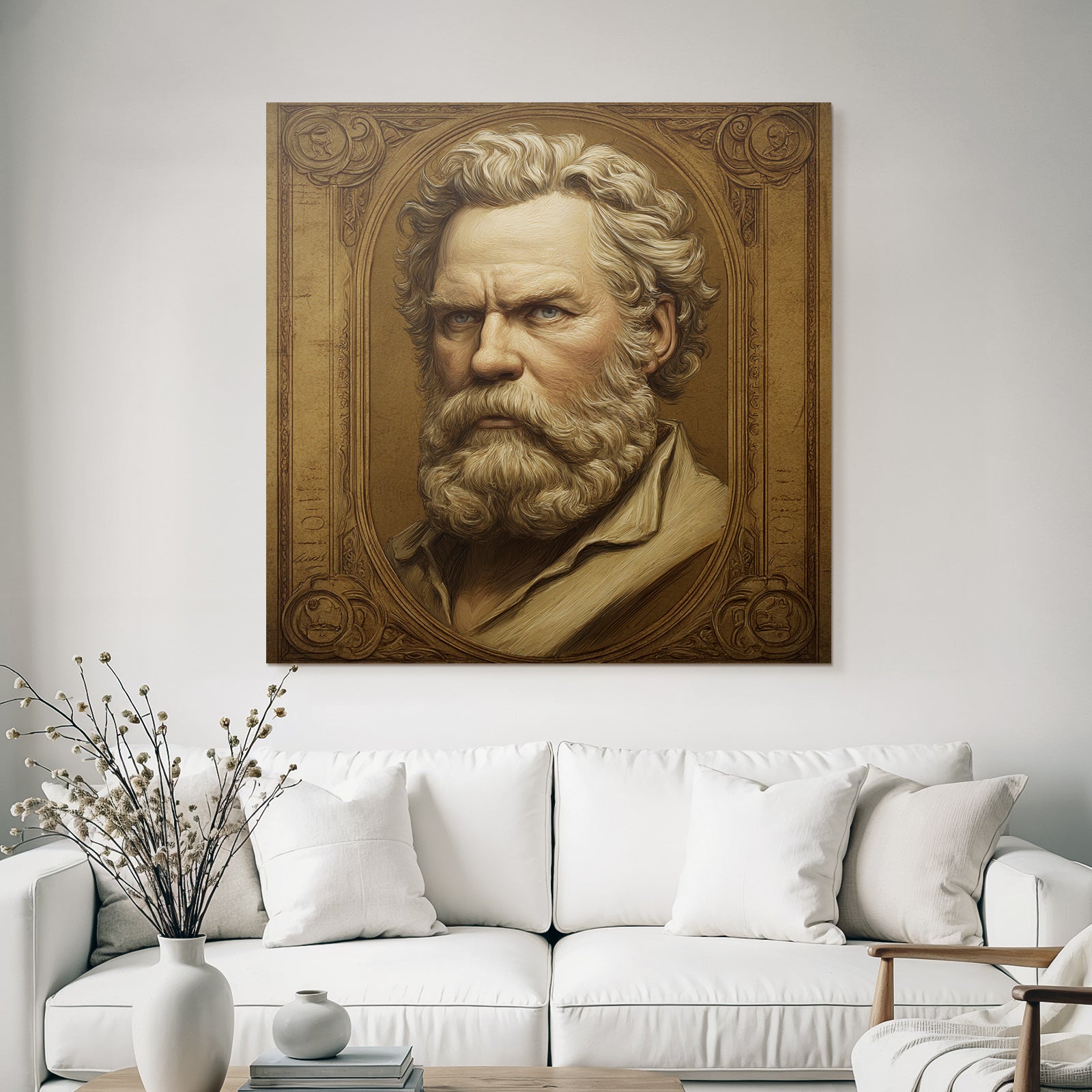 Stylisierte Portreit Eines Mannes Mit Bart Und Welligem Haar