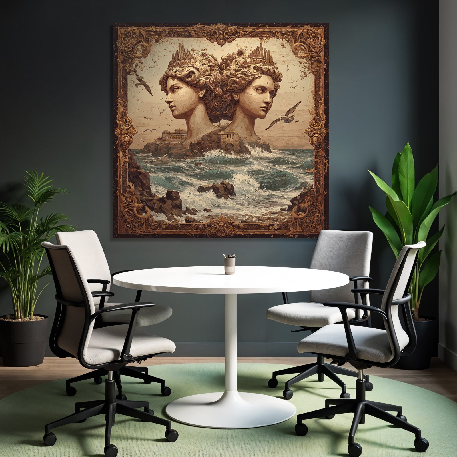 Surreale Kunstszene Mit Skulpturen Und Kuestenlandschaft
