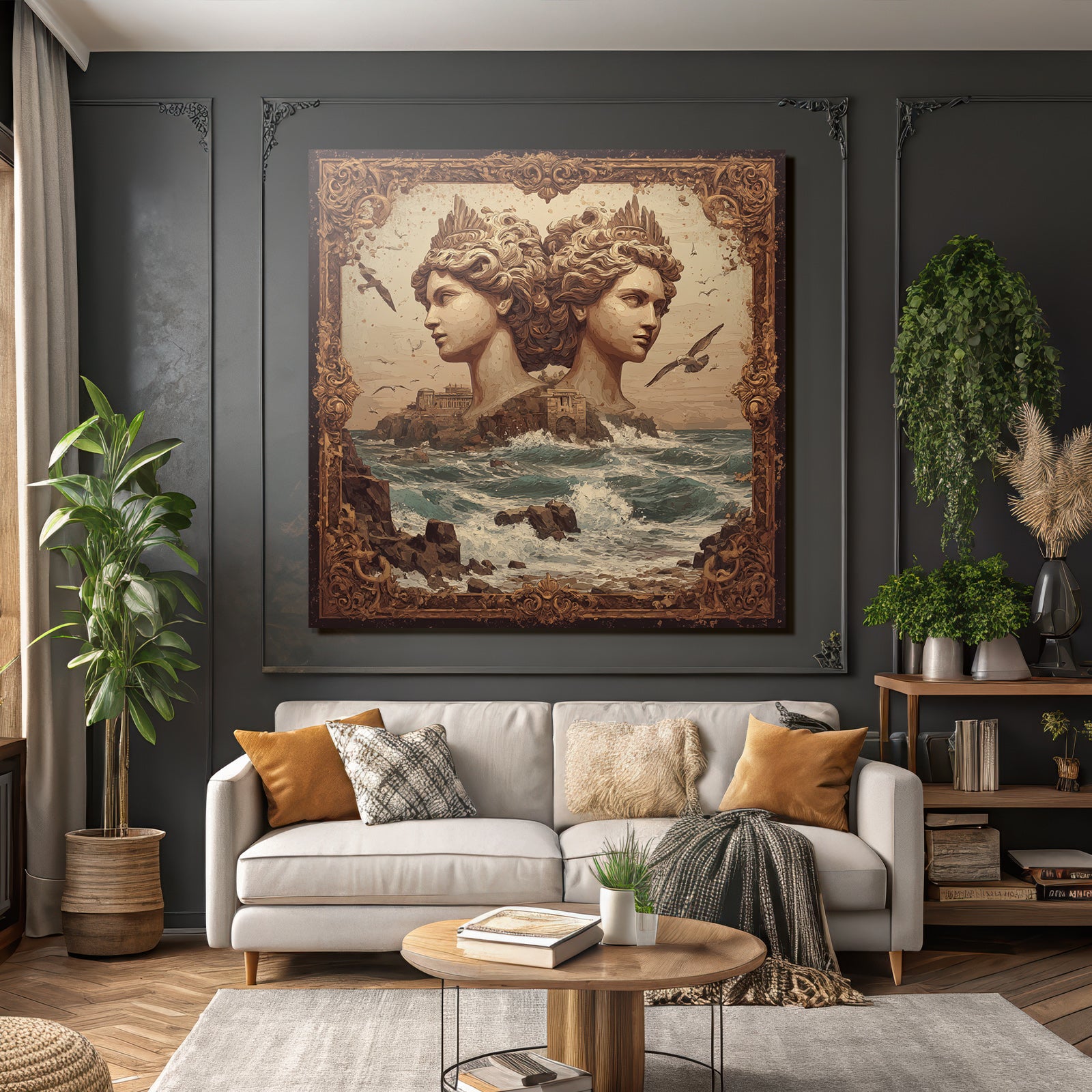 Surreale Kunstszene Mit Skulpturen Und Kuestenlandschaft
