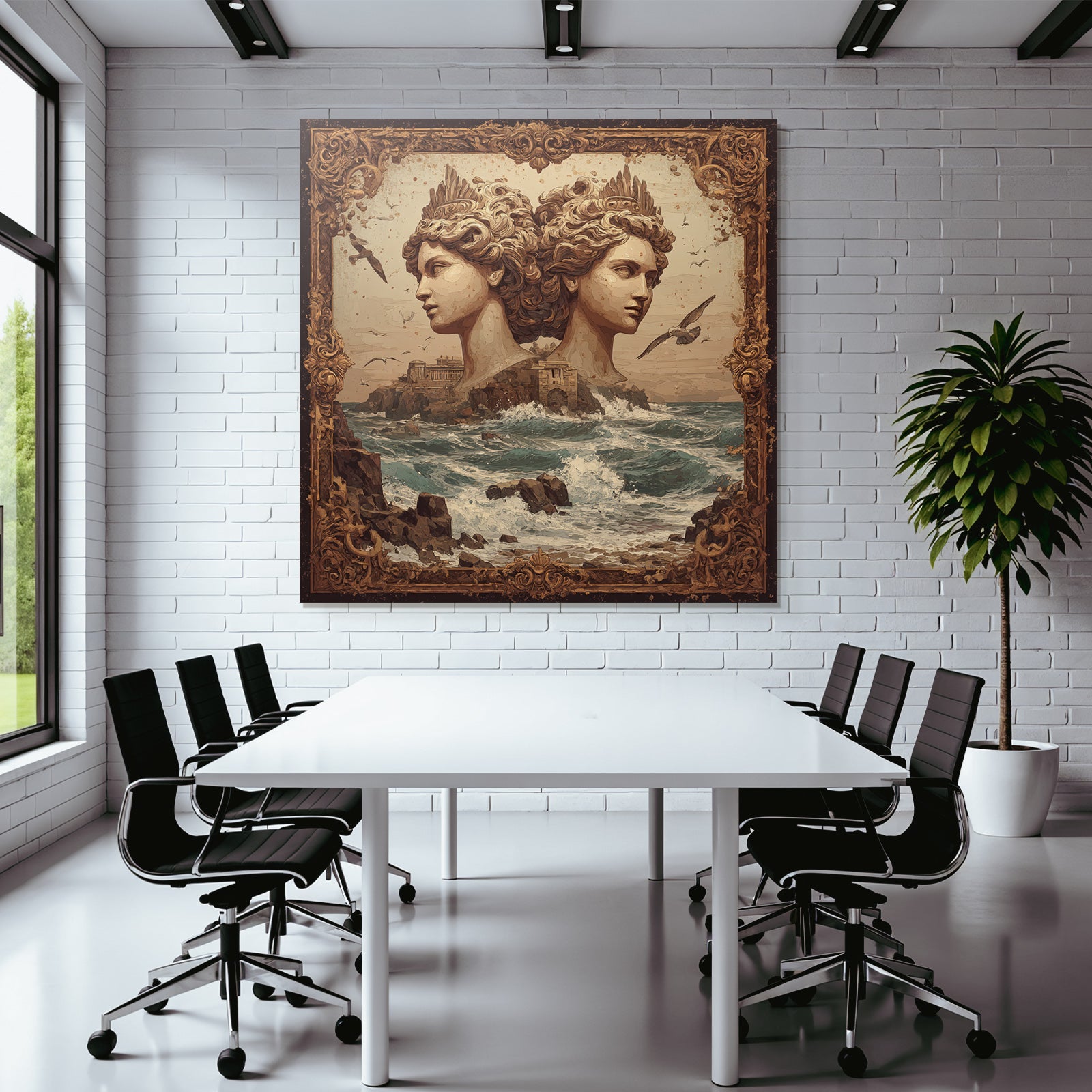 Surreale Kunstszene Mit Skulpturen Und Kuestenlandschaft