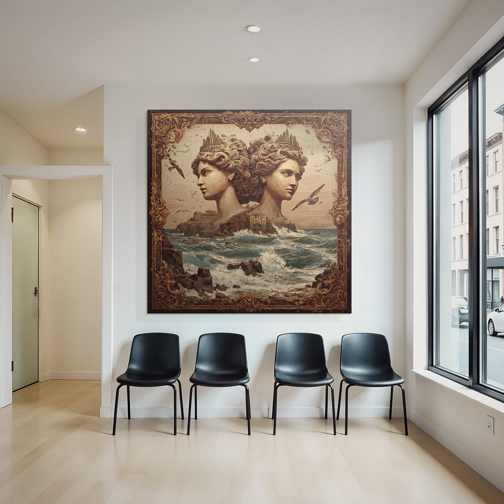 Surreale Kunstszene Mit Skulpturen Und Kuestenlandschaft