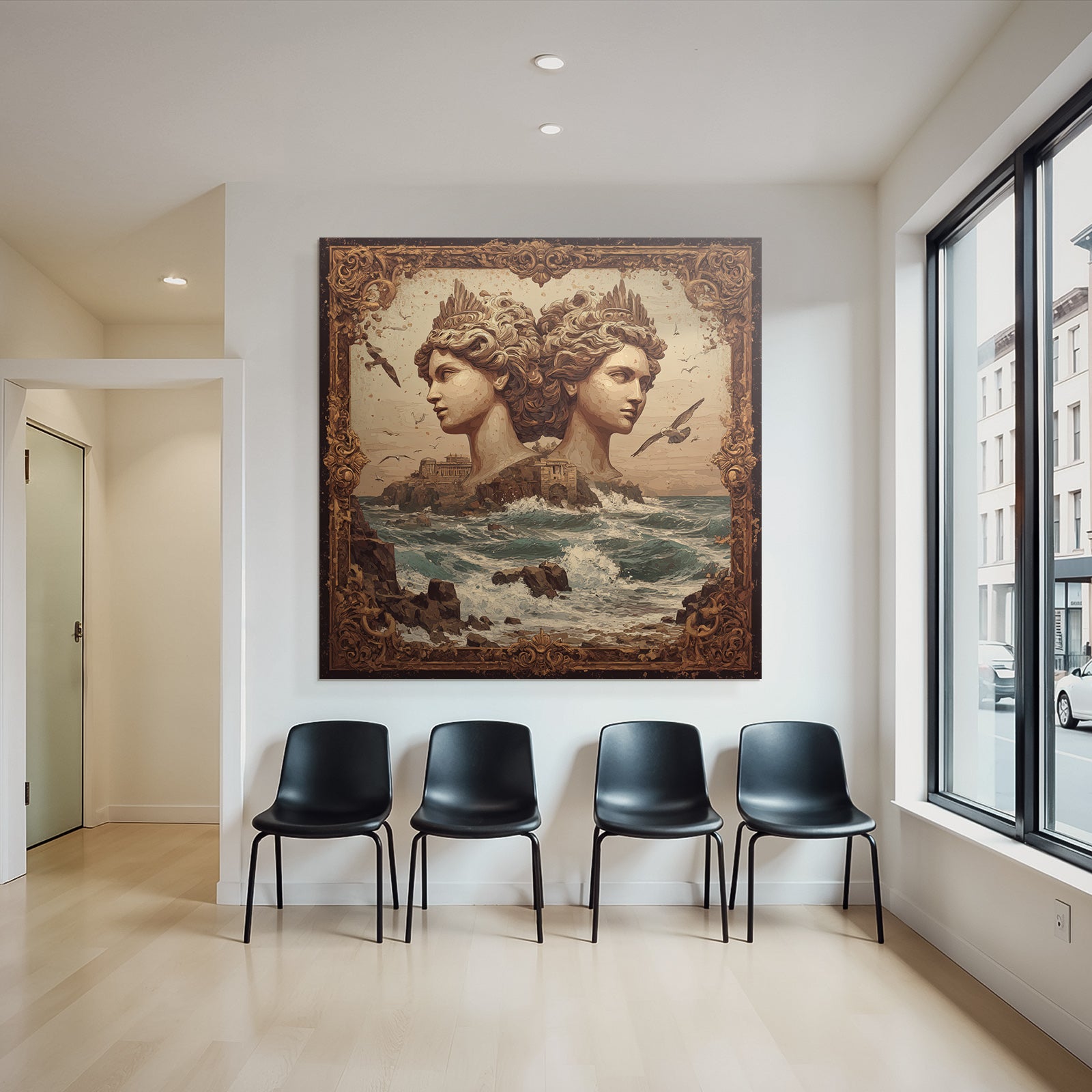 Surreale Kunstszene Mit Skulpturen Und Kuestenlandschaft