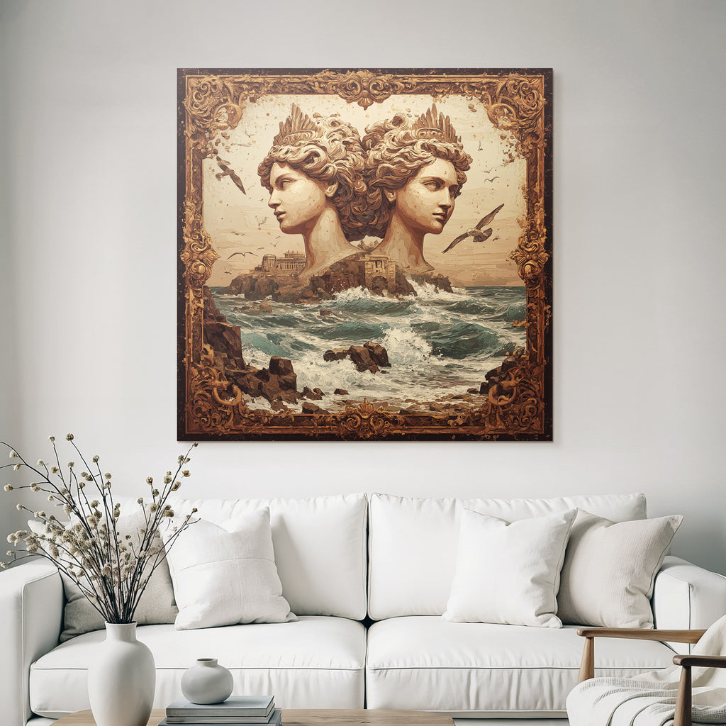 Surreale Kunstszene Mit Skulpturen Und Kuestenlandschaft