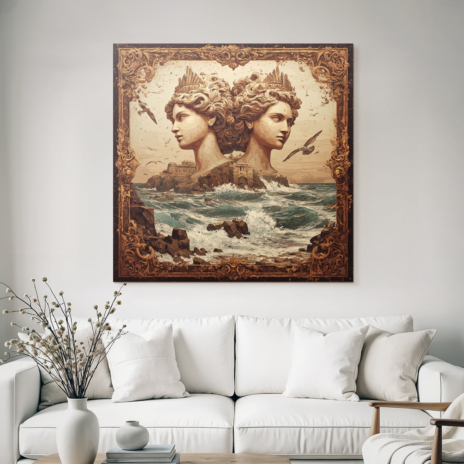 Surreale Kunstszene Mit Skulpturen Und Kuestenlandschaft
