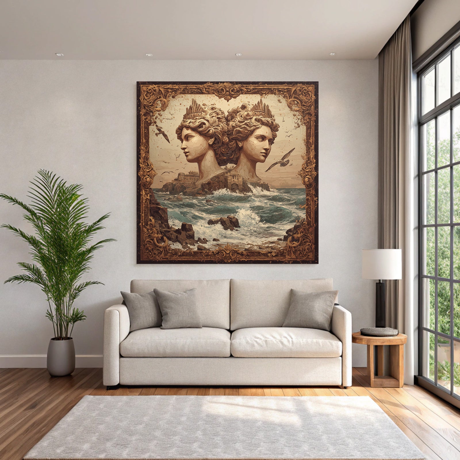 Surreale Kunstszene Mit Skulpturen Und Kuestenlandschaft