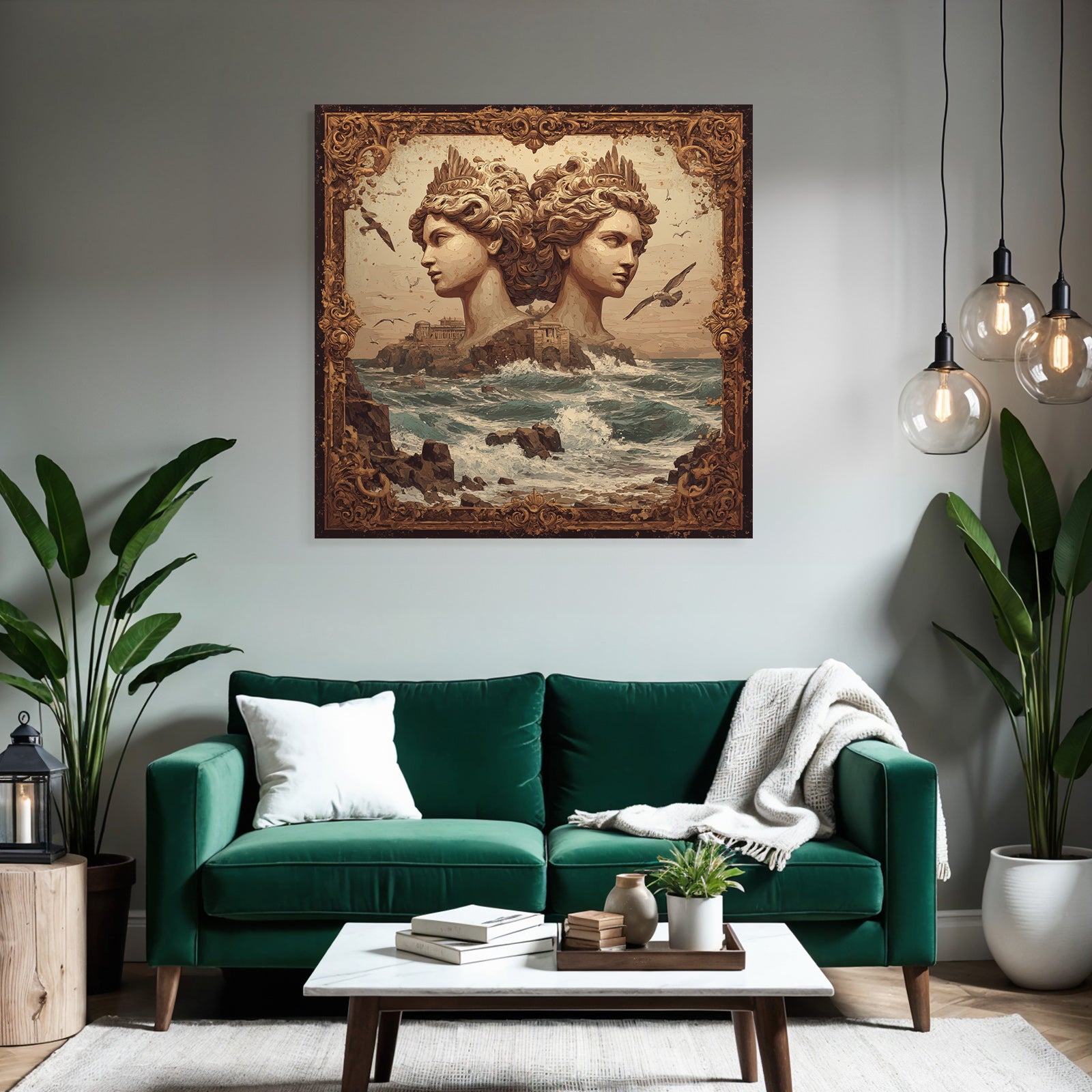 Surreale Kunstszene Mit Skulpturen Und Kuestenlandschaft