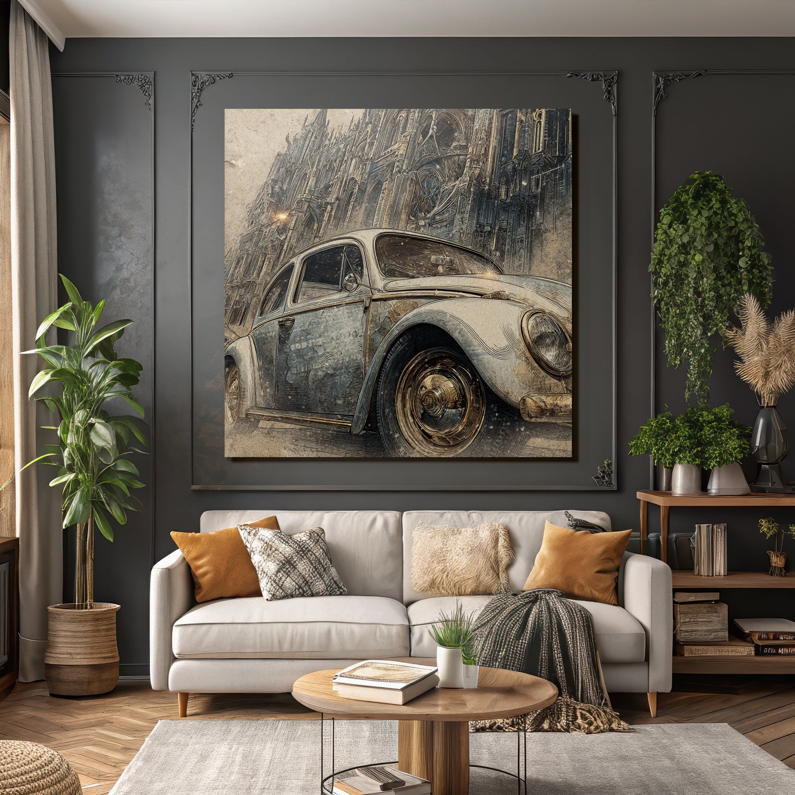 Vintage Auto Vor Architektonischem Hintergrund Skizzenhaft