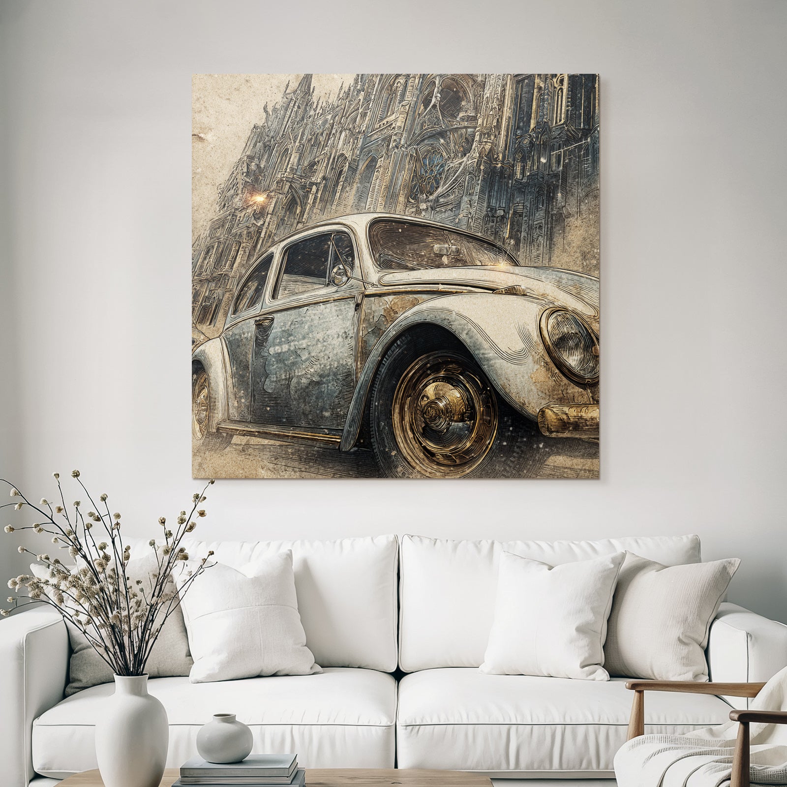 Vintage Auto Vor Architektonischem Hintergrund Skizzenhaft