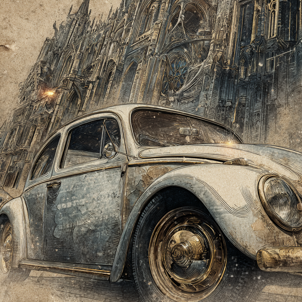 Vintage Auto Vor Architektonischem Hintergrund Skizzenhaft | Klassisch | Einrichtungsstile