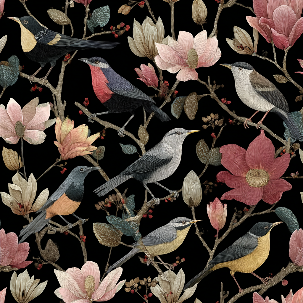 Vogel Und Blumen Illustration Dunkler Hintergrund.decorative Prints | Klassisch | Einrichtungsstile
